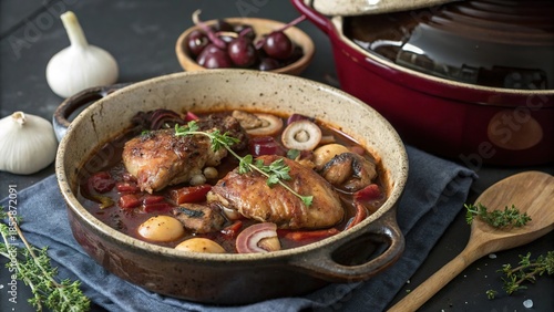 Coq au vin served in rustic dish with dark background and fresh ingredients on wooden table