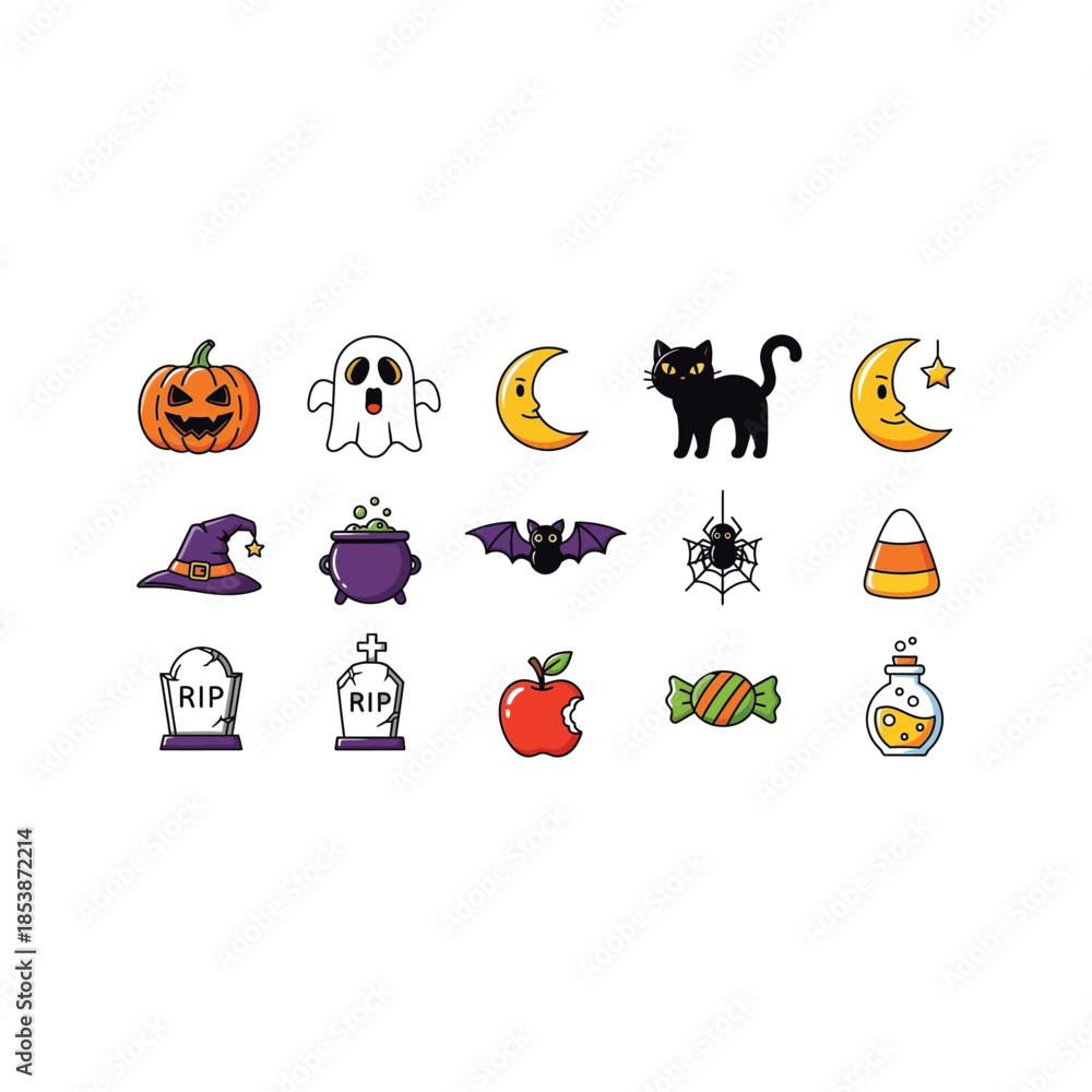 Fototapeta premium Halloween icons set with spooky symbols and treats