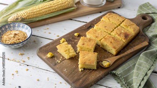 Delicious cornbread squares served on a rustic board with corn and ingredients in a cozy kitchen setting