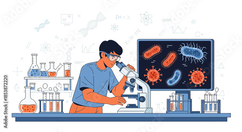 Illustration of a Scientist Using Microscope with Virus Background and Laboratory Equipment in a