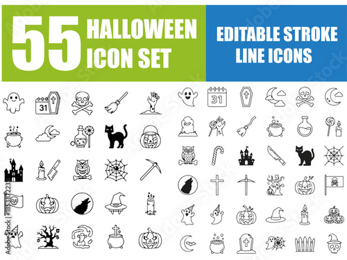 Halloween Icons Set, Editable Line Icons, Vector Illustration of Pumpkin, Ghost, Skull, Witch Hat, Bat, Spider Web, Cat, Candy, Vampire, Mummy, Frankenstein, Cemetery, Bone and More, Holiday Symbol Co