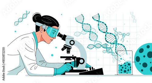 Illustration of a scientist viewing dna strands and cells through a microscope in a lab