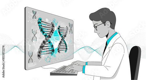 Illustration of a scientist working on dna sequencing and analysis for genetic research and