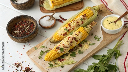 Delicious corn on the cob topped with cheese and spices served on a wooden board