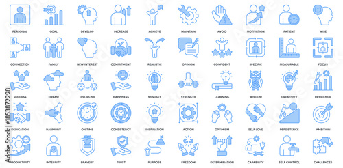 Personal Goal icon set. Containing personal, goal, develop, increase, achieve, new interest, commitment, realistic icon. Lineal Blue style