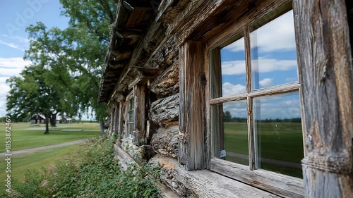 Old wooden window overlooking green field
