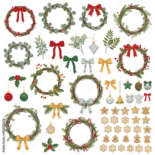 Festive Assemblage: An assortment of decorative elements, including wreaths, ribbons, ornaments, and botanical accents, create a visually appealing scene.
