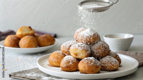 Croatian fritule doughnuts arranged in a pyramid shape with powdered sugar on top served at a local bakery