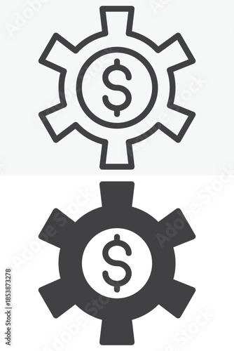Gear and dollar monetization line and solid different style vector icon set
