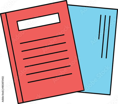 Minimalist red and blue notebook and folder vector icons for school supplies office organization administrative stationary and digital document management graphic elements.