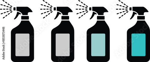 Minimalist spray bottle vector icons in multiple colors for cleaning service branding household disinfectant products professional janitorial supplies and hygiene maintenance graphic elements.