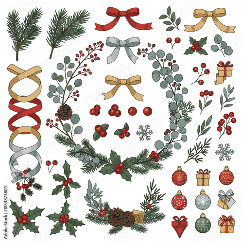 Festive Christmas Collection: A charming compilation of Christmas elements, from ornaments to ribbons, presenting a harmonious blend of holiday joy and elegance. 