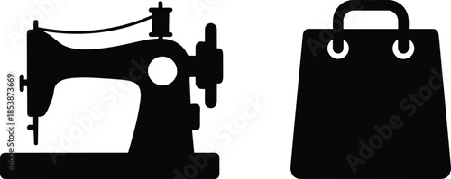 Professional sewing machine and shopping bag silhouette vector icons for fashion design tailoring services retail clothing branding and artisanal manufacturing graphic elements.