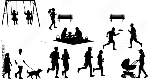 People different ages doing outdoors activities with various poses in public park vector silhouettes. People all ages playing in park family bonding leisure time black silhouette set