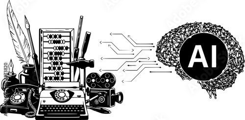 Obsolete Tools: AI Replaces Traditional Human Skills. Technological Advancement.
