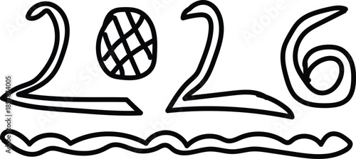 A simple line drawing of the year 2026 with a volleyball theme