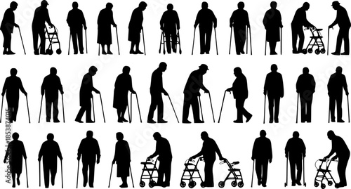 Group of elderly senior people with walking aids silhouette set large collection.
