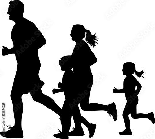 Running family silhouettes, fitness activity, healthy lifestyle, parent and child jogging, black vector art, outdoor exercise, bonding momentRunning family silhouettes