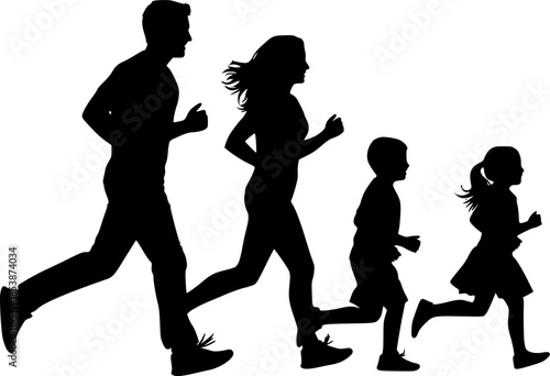 Running family silhouettes, fitness activity, healthy lifestyle, parent and child jogging, black vector art, outdoor exercise, bonding momentRunning family silhouettes