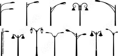Streetlight silhouette collection, dual arm lamp post designs, urban lighting illustration, modern city pole artwork, outdoor night architecture elements