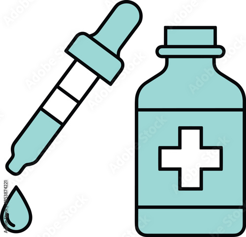Teal medical dropper bottle and pipette vector icon for pharmaceutical healthcare skincare packaging apothecary laboratory research and liquid medicine branding graphic elements.