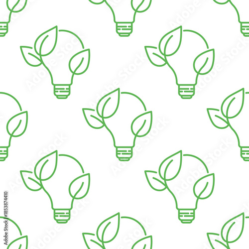Light bulb icon with green leaves seamless pattern. Green energy design. Vector illustration for renewable energy. Outline icon texture
