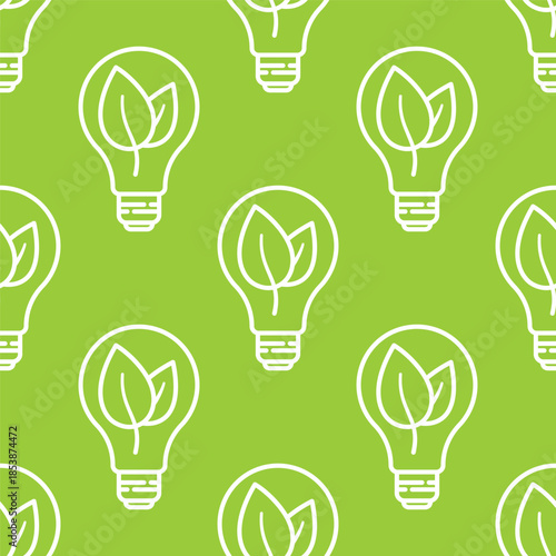 Light bulb icon with green leaves inside seamless pattern. Green energy design. Vector illustration for renewable energy. Outline icon