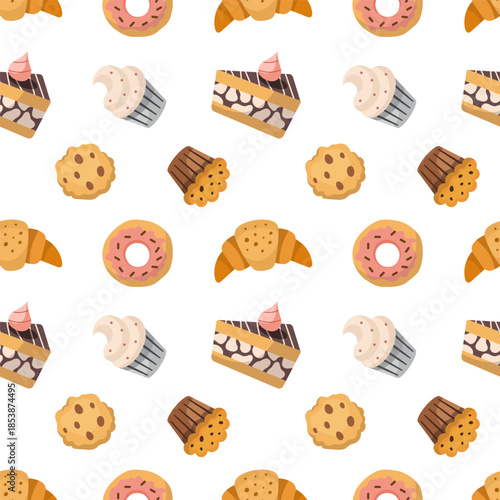 Cartoon Cakes, pastries seamless pattern. Vector collection. Bakery elements texture. Sweet confection desserts with cake donut croissant cookie, cupcake muffin Bakery.