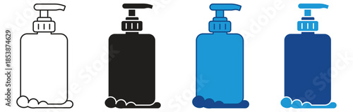 Shampoo bottle icon set Set Multiple Style Collection. A shampoo bottle surrounded by bubbles, representing cleaning or shampoo product, Vector illustration.