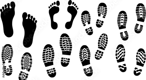 Footprint icon. Human barefoot or shoes footsteps. Foot track silhouettes. Boot and sneaker sole prints. Footwear trail shapes. Leg traces collection. Feet imprint. Vector symbol set