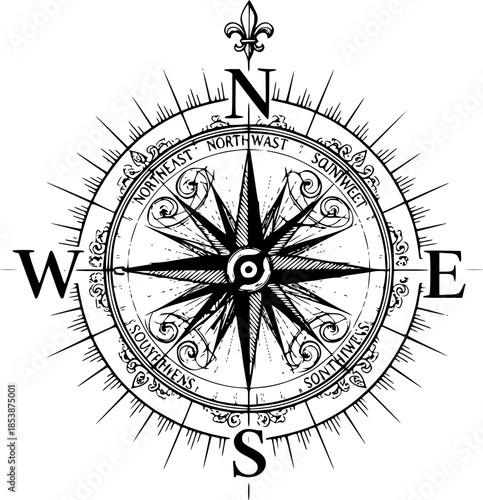 Wind rose. Map directions vintage compass. Ancient marine wind measure vector icons isolated. Isolated old sea or ocean navigation compass for ocean or marine retro cartography, boat or ship