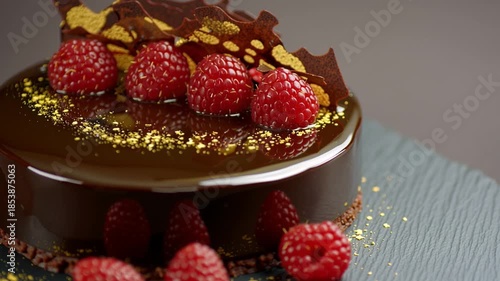 Artisan Chocolate Cake: A close-up shot of a sophisticated artisan chocolate cake, adorned with fresh, vibrant raspberries and a delicate chocolate garnish, invites a moment of indulgence.