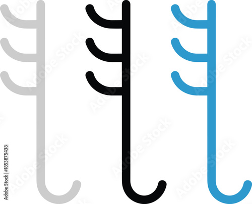 Minimalist wall mounted coat hook vector icons in multiple colors for home organization hallway interior design hardware storage solutions and furniture catalog elements.