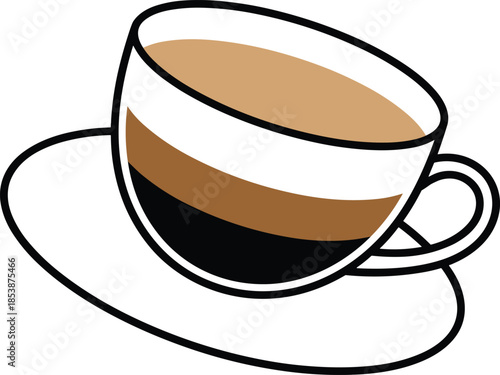 Layered coffee cup on saucer vector illustration featuring espresso and milk foam for cafe branding breakfast menus and coffee shop signage.