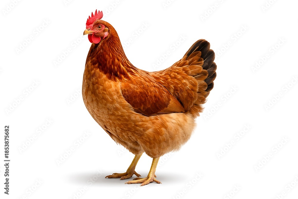 Fototapeta premium Full body view of a brown hen standing isolated on a white background