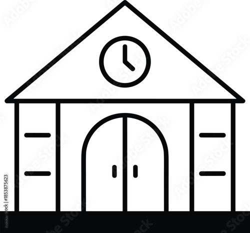 Minimalist school building line art vector icon with clock and pillars for educational branding government municipal architecture and public service facility design.