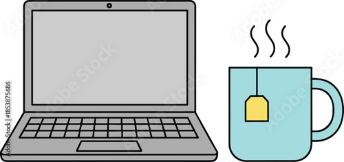 Modern laptop computer with hot steaming tea mug vector illustration for remote work freelancer lifestyle home office productivity and digital nomad themes.