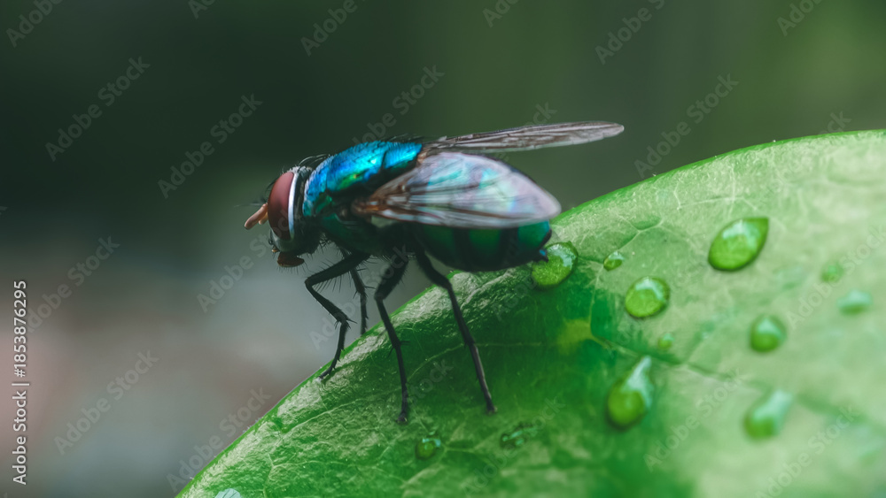 Naklejka premium A blue fly standing on a green leaf with dew drops in a natural environment from a close-up viewpoint