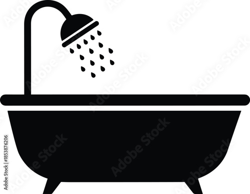 Modern bathtub with shower head silhouette vector icon for bathroom interior design plumbing services home improvement and real estate branding icons.