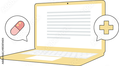 Laptop computer showing digital medical prescription and speech bubbles with pill capsule and cross icon for online pharmacy,