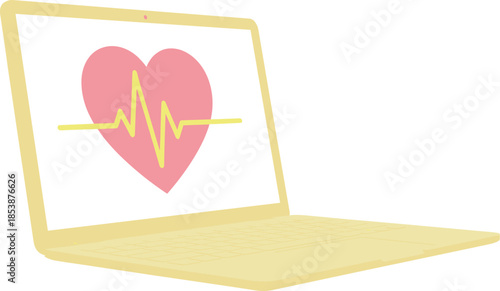 Laptop computer displaying a heartbeat pulse line on a pink heart icon representing digital health technology, telemedicine services, online medical consultation,