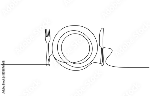 Continuous line art or One Line Drawing of plate, khife and fork. Editable black stroke on white background. Vector illustration.