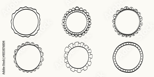 Set of whimsical round hand-drawn frames in trendy, vintage styles. Cute frames suitable for labels, logos, invitations, packaging and stickers