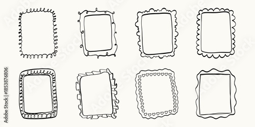 Set of whimsical rectangle hand-drawn frames in trendy, vintage styles. Cute frames suitable for labels, logos, invitations, packaging and stickers