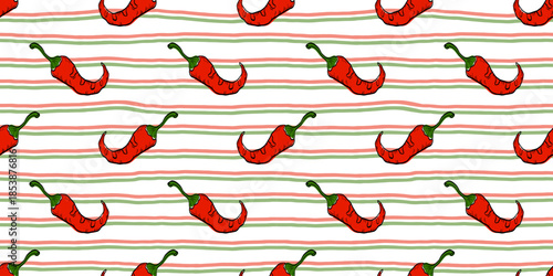 Spicy red chili pepper seamless pattern. Hot paprika for menus, food packaging, hot sauce labels, and spicy recipe designs