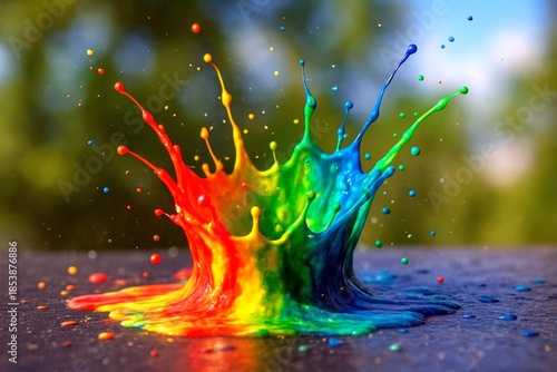 A spectacular explosion of rainbow colored paint bursts upward from a dark surface against a soft green backdrop