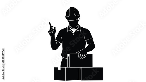 Construction worker or warehouse manager giving instruction while standing near stacked delivery packages silhouette
