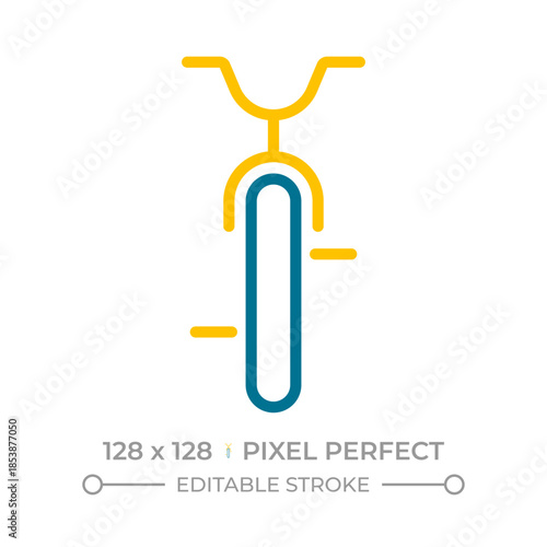 Bicycle pixel perfect two color line icon. Two wheeled vehicle for active leisure. Low impact way to travel bicolor outline symbol. Duotone linear pictogram. Isolated illustration. Editable stroke