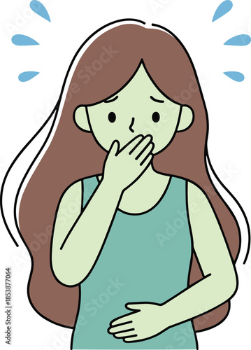 Young woman feeling sick and nauseous holding her hand over her mouth and stomach expressing abdominal pain, indigestion, food poisoning,