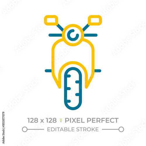 Motorcycle front view pixel perfect two color line icon. Moto sport vehicle. Two wheeled engine transport bicolor outline symbol. Duotone linear pictogram. Isolated illustration. Editable stroke
